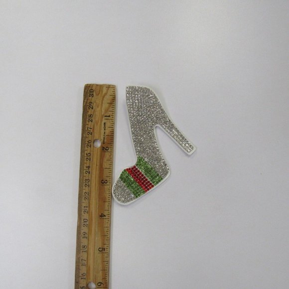 Large White, Red & Green Bling High Heel Shoe Sparkle Rhinestone Earrings - Picture 4 of 4